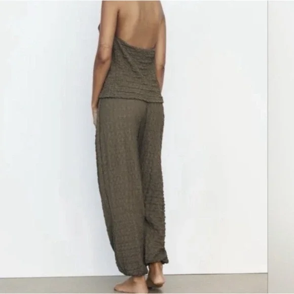 NWT Zara High-Waisted Balloon Style Joggers Olive Green Textured Bohemian Large - Picture 3 of 14